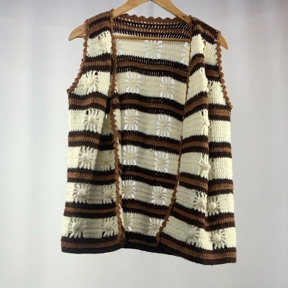 Vintage‎ Homemade Crocheted Open Vest in Brown Cream 70’s Style - Picture 1 of 2